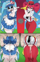 black_eyes blue_hair captainkirb clothed_paizuri large_breasts mesmerizer_(vocaloid) miku_hatsune paizuri red_hair spiral teto_kasane tongue_out vocaloid