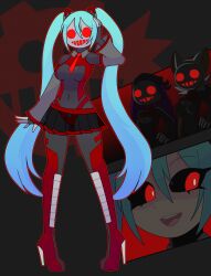 blue_hair bodysuit cat_ears dronification eyebrows_visible_through_hair female_only femsub mask miku_hatsune multiple_girls multiple_subs rakuma-imp red_eyes robot rouge_the_bat smile sonic_the_hedgehog_(series) tech_control tie twintails vocaloid wave_the_swallow