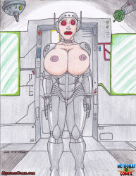 absurdres breasts collar crash drone expressionless female_only femsub glowing glowing_eyes helmet large_breasts original red_eyes robot robotization standing standing_at_attention tech_control topless