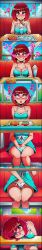    absurdres ai_art blush border bow breasts cleavage dress drool food hypnotic_audio hypnotic_music ice_cream kana_arima lily_clown_(generator) limp masturbation multicolored_eyes music open_mouth oshi_no_ko panties pussy_juice red_hair sequence sitting tech_control tongue tongue_out underwear upskirt 
