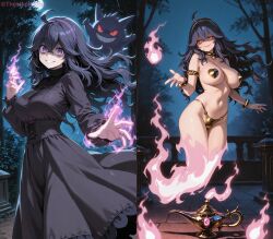    ahoge ai_art aura breasts cleavage eye_color_change flame gengar genie geniefication ghost hex_maniac humiliation hypnotic_magic large_breasts long_hair magic multiple_methods_of_hypnosis night nintendo orb outdoors pokemon pokemon_(creature) pokemon_red_green_blue_and_yellow pokemon_ruby_sapphire_and_emerald possession purple_eyes purple_hair red_eyes smile thehypno7ist_(generator) transformation witch 