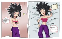 absurdres bed black_eyes black_hair bracelet caulifla cleavage clothed collarbone comic crop_top crossed_arms dialogue dragon_ball dragon_ball_super english_text eye_roll femsub hypnotic_accessory instant_loss lying navel on_back open_mouth pants pendulum pillow sleep_command sleeping smile somnowalkerx speech_bubble standing text 