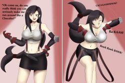 absurdres before_and_after belt breasts brown_hair chicken_pose crop_top female_only femsub final_fantasy final_fantasy_vii huge_breasts navel open_mouth pet_play red_eyes smile standing syas-nomis text tifa_lockhart tongue very_long_hair
