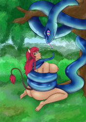 allison_(argonis) ass barefoot blue_skin breasts coils color cow_girl dark_skin feet femsub furry horns hypnotic_eyes kaa_eyes large_ass large_breasts legs red_hair reommpalas snake