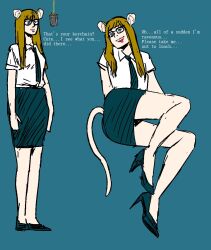 animal_ears before_and_after chains female_only femsub glasses high_heels hypnostink office_lady opossum_girl original pendulum ring_eyes sketch skirt tail text tie tongue tongue_out