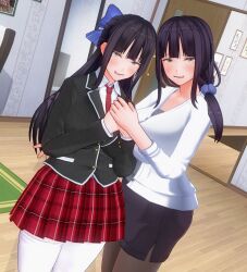  3d before_and_after black_hair blush custom_maid_3d_2 dfish303 drool female_only happy_trance high_heels hug leggings looking_at_viewer mother_and_daughter multiple_girls multiple_subs ponytail ribbon school_uniform skirt socks thighhighs tie tongue uniform 
