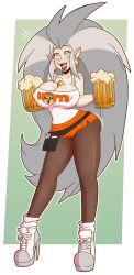 beer bimbofication cleavage clothed earrings edalyn_clawthorne female_only femsub grey_hair high_heels hooters hooty large_breasts long_hair milf orange_eyes simple_background solo the_owl_house waitress wrenzephyr2