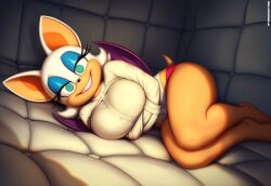 ai_art altered_common_sense animal_ears bat_girl clothed corruption dazed deluxezone female_only femsub furry happy_trance huge_breasts looking_at_viewer open_mouth restrained rouge_the_bat smile sonic_the_hedgehog_(series) spiral_eyes symbol_in_eyes