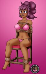 barefoot bikini chair dark_skin eyebrows_visible_through_hair feet ordeper_arts original purple_hair rope signature simple_background spiral_eyes starla_(courierbutterfly) symbol_in_eyes tied_hair