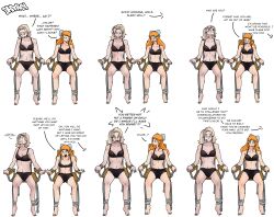 angry barefoot blonde_hair chair comic dialogue female_only red_hair resisting restrained ribbon simple_background text tragicsolitudedragon underwear