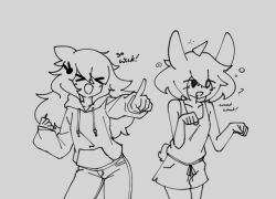  ahoge aurora_(skecchyartist) bunny_boy bunny_ears collarbone drool femdom grey_background hair_ornament heterochromia hoodie jeans malesub open_mouth original short_hair shorts simple_background spiral tail text woot woot_(woot) 
