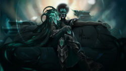 alternate_costume clothed control_indicator corruption crossed_legs crown expressionless eye_color_change glowing glowing_eyes green_eyes hair_color_change jadon-cheah jhin_(league_of_legends) league_of_legends maledom malesub mask pale_skin possession ruination sitting smoke viego_(league_of_legends)