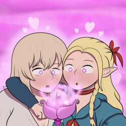 blonde_hair blush braids cape cleavage clothed collar delicious_in_dungeon elf elf_ears falin_touden femsub flower heart_eyes hypnovember long_hair m00n_key marcille_donato multiple_girls open_mouth pink_hair