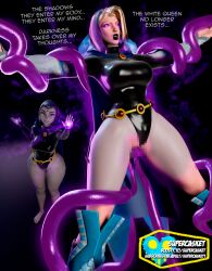  3d blender blonde_hair censored dc_comics emma_frost goth gothification leotard magic marvel_comics marvel_rivals raven supercasket teen_titans tentacles text 