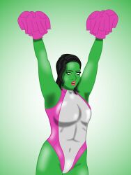  black_hair brain_drain cheerleader green_eyes green_skin marvel_comics open_mouth saltygauntlet she-hulk super_hero thighs 