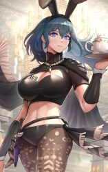  barcode blue_eyes blue_hair bunny_ears byleth_eisner cleavage empty_eyes expressionless fire_emblem fire_emblem_three_houses gonzarez1938 large_breasts long_hair looking_at_viewer manip midriff navel nintendo sarahypno_(manipper) tights 