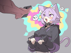 cat_ears cat_girl cat_tail cocomayo29_(tomato) collar fangs hololive hoodie hypnotic_screen nekomata_okayu open_mouth phone purple_eyes purple_hair short_hair speech_bubble spiral_eyes tail veins