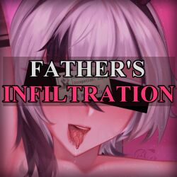 arlecchino_(genshin_impact) cover drool english_text female_only femsub genshin_impact open_mouth pinkius short_hair solo text tongue tongue_out white_hair