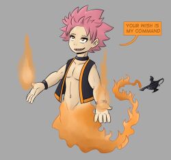 bracelet collar dialogue fairy_tail genie jewelry male_only malesub mr.h natsu_dragneel pink_hair smile text transformation