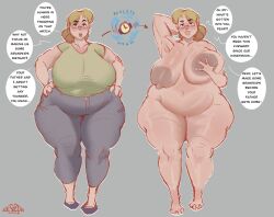  bbw before_and_after blonde_hair bottomless breast_grab breasts chubby clothed dialogue fat female_only femsub glasses huge_breasts incest instant_loss maledom milf moessins mother_and_son multiple_views nude original solo text topless transformation 