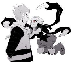  beanie black_hair clothed cyrus_(pokemon) dawn evil_smile eye_color_change femsub floating giratina hair_color_change levitation monochrome nintendo nitorou pokemon pokemon_diamond_pearl_and_platinum possession red_eyes scared sharp_teeth short_hair slit_pupils smile 