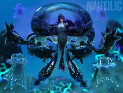 3d alternate_hair_color bodysuit crossover female_only femsub happy_trance looking_at_viewer metroid_(series) nautilic nintendo pokemon pokemon_(creature) ponytail purple_hair rubber samus_aran smile solo tentacles ub-01 watermark yellow_eyes zero_suit