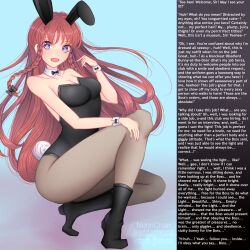  absurdres bunny_girl bunnysuit caption caption_only cuffs female_only femsub heart heart_eyes hong_meiling looking_at_viewer manip nerinchan red_hair sleeperhit_(writer) symbol_in_eyes text touhou 