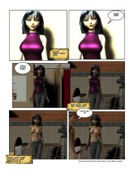 3d bare_shoulders black_hair breasts camera clothed comic dazed english_text erection expressionless femsub good_sub_conditioning green_eyes hypnotic_light hypnovideo maledom midriff navel nude pants penis smile speech_bubble tech_control text