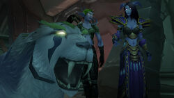 3d black_hair breasts cleavage draenei elf_ears femsub glowing glowing_eyes horns large_breasts long_hair midriff rexx tiger warcraft world_of_warcraft