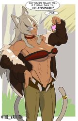  abs bimbofication breasts cleavage collarbone comic dialogue eyepatch female_only femsub frozenaardvark ghislaine_dedoldia hand_on_hip jacket muscle_girl mushoku_tensei navel pants potion signature solo speech_bubble standing tail tan_skin text thong very_long_hair white_hair 