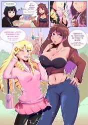 absurdres bare_shoulders black_hair blonde_hair blue_eyes blush clare_(erasethismail) cleavage clothed complex_background dialogue drill_hair earrings english_text eye_color_change femsub flower flower_in_hair food freckles hair_color_change hair_growth heart_eyes hoodie hypnotic_food jewelry language_change long_hair midriff mporci_tsf multicolored_hair multiple_girls multiple_subs navel one_eye_open original pants pantyhose purple_eyes short_skirt skirt spanish_text sparkle speech_bubble symbol_in_eyes taboogem_(character) text tongue tongue_out transformation