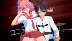 androgynous astolfo_(fate/grand_order) black_hair fate/apocrypha fate_(series) heart heart_eyes long_hair male_only maledom malesub pink_hair short_hair symbol_in_eyes trap tsotk v