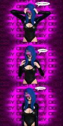  3d absurdres blue_hair chloe_ducer_(theheckle) dialogue drool female_only femsub original preview resisting tech_control text theheckle visor 