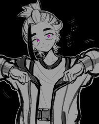 black_background clothed dancing dialogue eye_color_change happy_trance jacket japanese_text kieran_(pokemon) male_only malesub mochi_dance monochrome nintendo open_clothes pokemon pokemon_scarlet_and_violet purple_eyes simple_background slit_pupils smile solo tank_top text titara_1230 translation_request