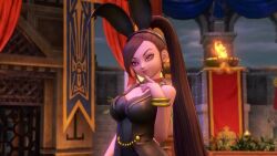  black_hair bracelet breasts bunny_ears bunnysuit choker corruption dragon_quest_(series) dragon_quest_xi fake_animal_ears female_only femsub happy_trance jade_(dragon_quest_xi) jewelry large_breasts long_hair ponytail red_eyes screenshot solo 