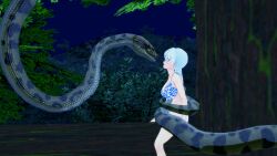 3d bikini blue_eyes breasts cleavage coils confused disney kaa kaa_eyes large_breasts leaning_forward leopard_print lipstick long_hair makeup mmd mrkoiru open_mouth outdoors pale_skin ponytail rwby silver_hair sitting snake the_jungle_book trees weiss_schnee