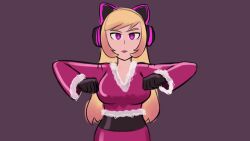  animated animated_gif blonde_hair bouncing_breasts chicken_pose clothed empty_eyes fake_animal_ears femsub gloves headphones lion-oh-day lipstick long_hair looking_at_viewer makeup mochi_dance nintendo original pink_lipstick pokemon pokemon_scarlet_and_violet purple_eyes simple_background 