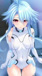  ahoge bare_shoulders blush collar dazed empty_eyes female_only femsub gloves hyperdimension_neptunia irori leotard looking_at_viewer navel opera_gloves red_eyes short_hair sitting small_breasts solo symbol_in_eyes tech_control thighhighs watermark white_heart 
