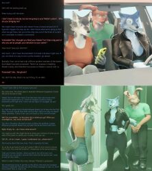  3d assertive_sub aware bunny_boy caption carmen_(thalarynth) dialogue evan_(thalarynth) femsub furry jacket open_clothes original text thalarynth_(manipper) wendy_(thalarynth) wolf_girl 