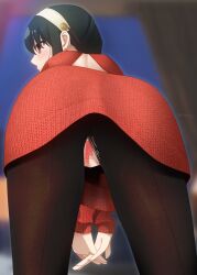  ass bent_over black_hair blush censored earrings empty_eyes expressionless female_only femsub hair_band irori netorare pantyhose pussy pussy_juice solo spy_x_family sweater torn_clothes updo yor_briar 