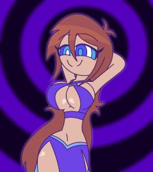 ahoge armpits arms_above_head aura bare_shoulders blue_background blue_eyes brown_hair dancer eyebrows_visible_through_hair eyelashes female_only femdom harem_outfit hourglass_figure hypnoscream large_breasts long_hair midriff navel no_panties original pov_sub ring_background ring_eyes setchia_xine_(hypnoscream) shiny_skin side_slits sideboob smile smug solo swaying tan_skin underboob wide_hips