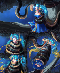 absurdres barefoot blonde_hair blue_hair breasts coils comic dazed disney feet femsub happy_trance hypnotic_eyes kaa kaa_eyes large_breasts league_of_legends long_hair multicolored_hair open_mouth scalesandspirals snake sona_(league_of_legends) the_jungle_book twintails western