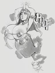 arms_above_head bimbofication breast_expansion breasts dancing dc_comics female_only femsub genie happy_trance harem_outfit hypnotic_eyes lipstick monochrome raven reliusmax smile teen_titans transformation