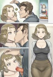 ai_art brown_hair candle choker comic earrings empty_eyes expressionless fellatio femsub food hellsing002_(generator) kissing large_breasts maledom pendulum penis skirt smirk