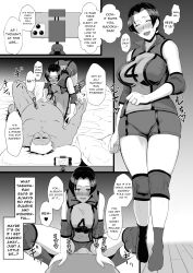  absurdres age_difference all_fours altered_common_sense alternate_costume asahina_madoka ass bare_shoulders cell_phone cleavage closed_eyes clothed_sex comic dialogue embarrassed femsub greyscale happy_trance hard_translated huge_breasts milf mother_and_daughter_under_hypnosis netorare protohotel_game shorts speech_bubble sportswear tech_control text thought_bubble torn_clothes translated unaware underwear wide_hips 