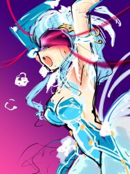  armpits arms_above_head blue_eyes blue_hair blush breasts cables cleavage corruption dress female_only femsub gloves glowing_eyes gradient_background hair_ornament kkkazuu long_hair open_mouth opera_gloves original sketch sweat symbol tech_control visor wings wires 