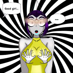 breast_grab dc_comics dialogue drool female_only femsub grey_skin lady_legasus leotard pendulum purple_eyes purple_hair raven redhood351 shrunken_irises spiral teen_titans teen_titans_go! text