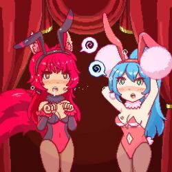  anno_(anno) arm_warmers armpits bangs bare_shoulders blue_eyes blue_hair blush bunny_ears bunnysuit cheerleader chibi choker cleavage collarbone cuffs drool earrings expressionless fake_tail female_only femsub fox_ears heart_eyes hourglass_figure jasmine_(anno) jasmine_(nettleseeds) kitsune_girl leotard lipstick_mark long_hair looking_at_viewer multiple_girls multiple_subs multiple_tails navel open_mouth original panicatethemoon pixel_art ponytail red_eyes red_hair ring stage symbol_in_eyes tagme thighhighs thought_bubble video wide_hips 