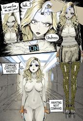  ai_art blonde_hair bottomless bracelet comic earrings english_text exposed_chest eyeshadow femsub hellsing002_(generator) jacket jewelry leggings leopard_print lipstick makeup maledom microchip nipples nude pussy skirt standing standing_at_attention tech_control text topless undressing_command 