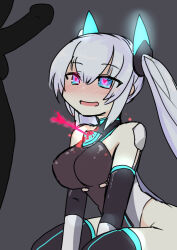 arrow bangs bare_shoulders blue_eyes blush breasts celestia_quartz femsub gloves glowing glowing_eyes grey_background grey_hair happy_trance heart heart_eyes kneeling leotard love maledom masakiq multicolored_eyes opera_gloves original penis red_eyes thigh_boots thighhighs twintails